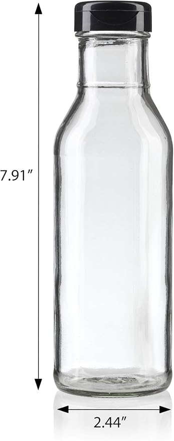 JUVITUS 12 oz Professional Clear Glass Thick Wall Sauce Bottle with Drip Resistant Flip Top Cap (4 Pack) for BBQ Sauce, Salad Dressings, more