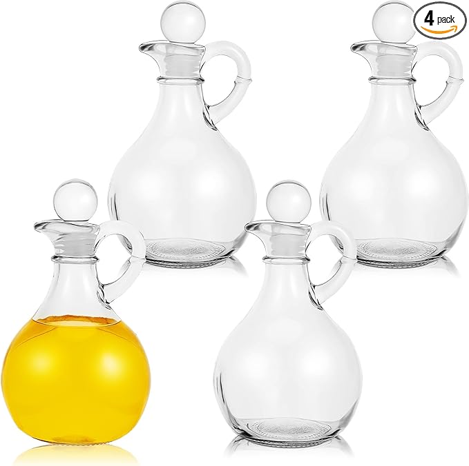Suclain 4 Sets 12oz Glass Oil and Vinegar Cruets Set Round Oil Dispenser Olive Bottle with Airtight Stopper Salad Dressing Bottle Glass Condiment Container for Kitchen Homemade Syrup Olive Condiment