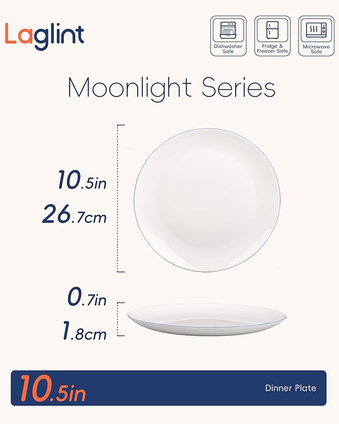 LaGlint 10.5 inch Dinner Plate Set of 6, Lightweight Round Opal Glass Dinnerware Plates, Dishwasher and Microwave Safe, Hand Painted Navy Blue Rim