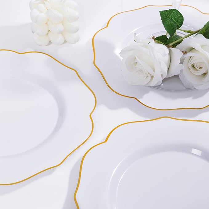 bUCLA 48Pieces Gold Plastic Dessert Plates Disposable - 7.5inch Premium Hard White with Gold Rim Plastic Salad/Appetizer/Small Cake Plate for Thanksgiving&Party