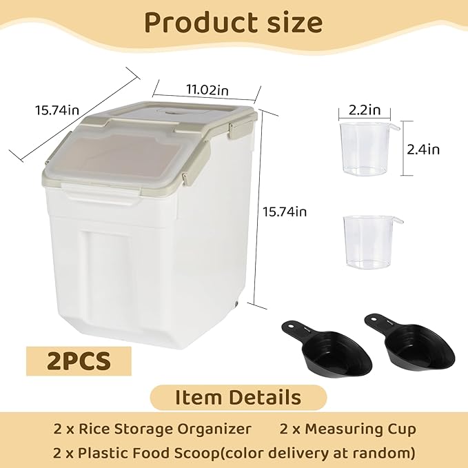 Rice Storage Container 50 lbs Large Household Flour Sugar Containers Airtight Grain Cereal Dispenser with Wheels, Locking Lid & Measuring Cup for Kitchen Pantry Organization, 2 Pack(Grey)
