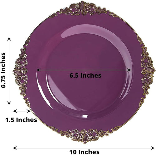 Efavormart 10 Pack | 10" Purple and Gold Baroque Dinner Plates, Leaf Embossed Metallic Rim Heavy Duty Serving Plates for Vibrant Royal Celebrations