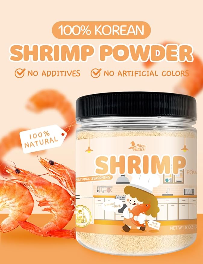 NICE WITCH'S Korean 100% Pure Natural Seasoning 8oz / 227g - Shrimp Powder, MSG Free, Authentic Thai & Southeast Asian Flavor, Pad Thai, Tom Yum Goong, Khao Pad 새우분말 (Shrimp)