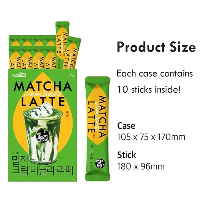 ROASTIQUE Official Café Mori Jeju Matcha Latte, 10 Sticks, 90 Calories, Ceremonial Grade Green Tea Powder Sweetened Café Quality Drink Mix, Cream Vanilla, 7 oz