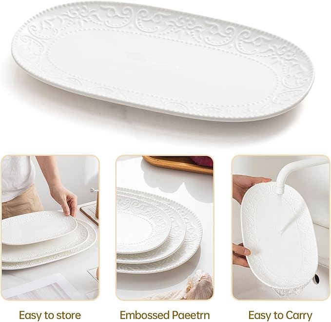 Oval Embossed Serving Platter Set, Stackable Serving Tray, Ceramics White Serving Platters for Entertaining, Serving Dishes for Wedding, Dishwasher & Oven Safe, Gift for Housewarming (3PCS)
