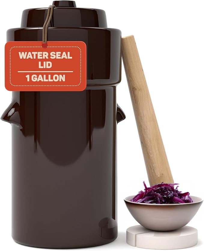 Fermentation Crock 1 Gallon - Sauerkraut Crock with Lid, Weights & Pounder - Ceramic Fermenting Crock Kit for Pickling Cabbage Kimchi Vegetables - 4 Liter Fermentation Jar - Stoneware Pickle Pot