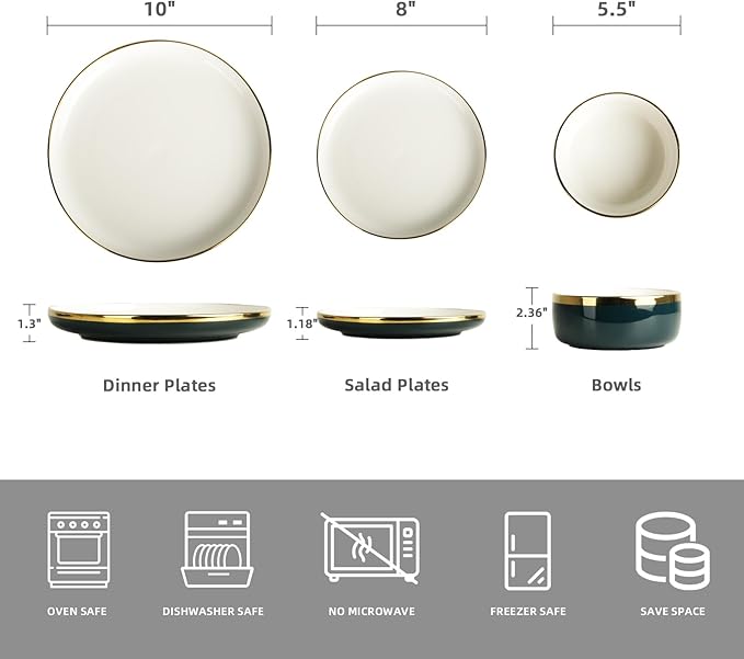 Pokini Porcelain Dinnerware Sets, 12 Piece Luxury China Plates and Bowls Sets, Green Dishes Set Gold Rim for Wedding Anniversary Birthday, Modern Dinner Plates Set