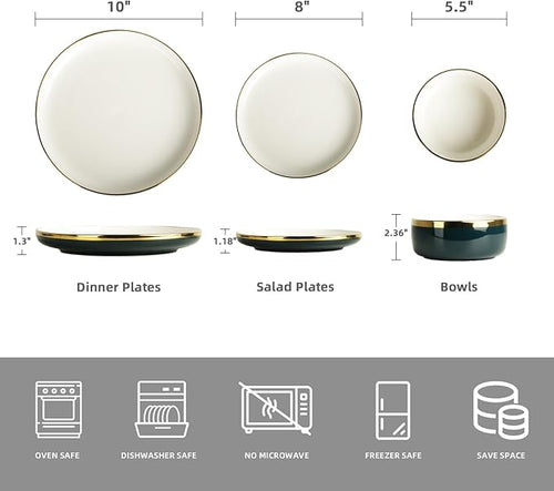 Pokini Porcelain Dinnerware Sets, 12 Piece Luxury China Plates and Bowls Sets, Green Dishes Set Gold Rim for Wedding Anniversary Birthday, Modern Dinner Plates Set