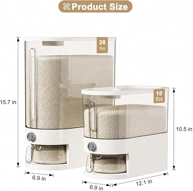Rice Storage Container with Measuring Cup, Food Grain Dispenser for Dry Goods, Multi-Purpose Kitchen Pantry Storage Box (Transparent-20 pounds)