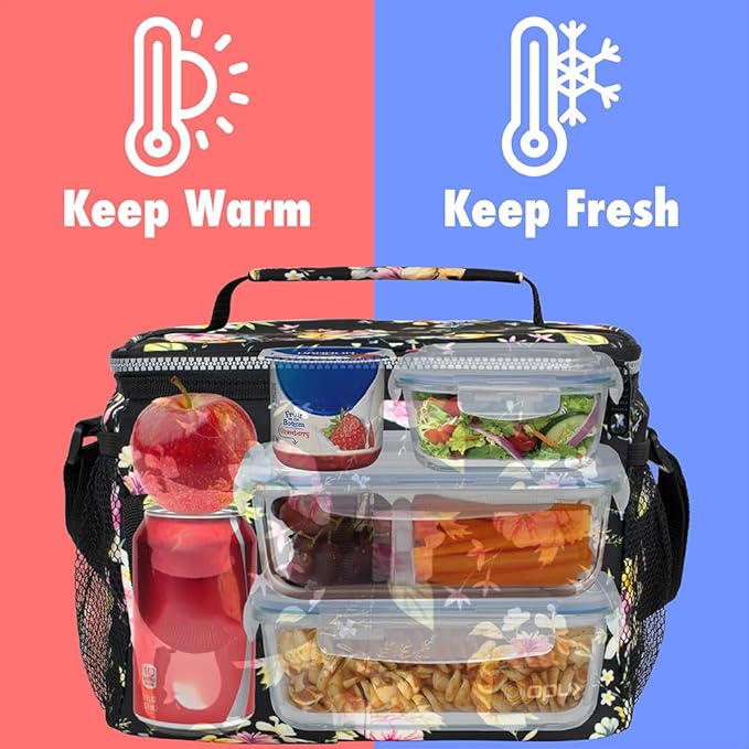opux Insulated Lunch Box for Men Women Kids, Leakproof Reusable Lunch Bag Cooler for Work School Office, Soft Thermal Lunchbox Tote with Shoulder Strap for Boys Girls Adults, Floral Black, 14 Can/8L