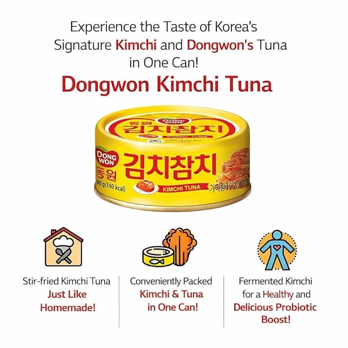 Dongwon Kimchi Tuna, Korean Style Canned Tuna with Kimchi Flavor, Ready-to-Eat, Perfect for Rice, Fried Rice & Quick Meals, 90g (3.17oz), Pack of 4