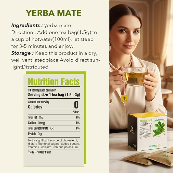 Soilmount - Yerba Mate Tea - Pure Herbal Tea - Natural, Organic, Non-GMO, Clean Ingredients, Caffeine Free (18 Tea Bags, Box 1)