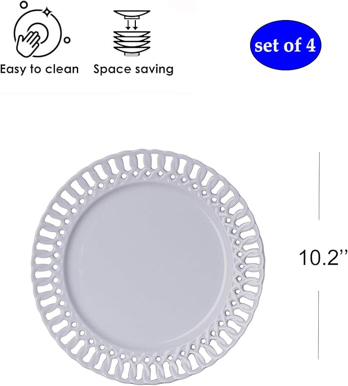 Aimusego Round Furit Salad Plate with Scalloped Edge Lace Rim, Set of 4, Ceramic Dessert Plates for Cake Snack Side Dish, Microwave and Dishwasher Safe, for Housewarming (White A,10'')