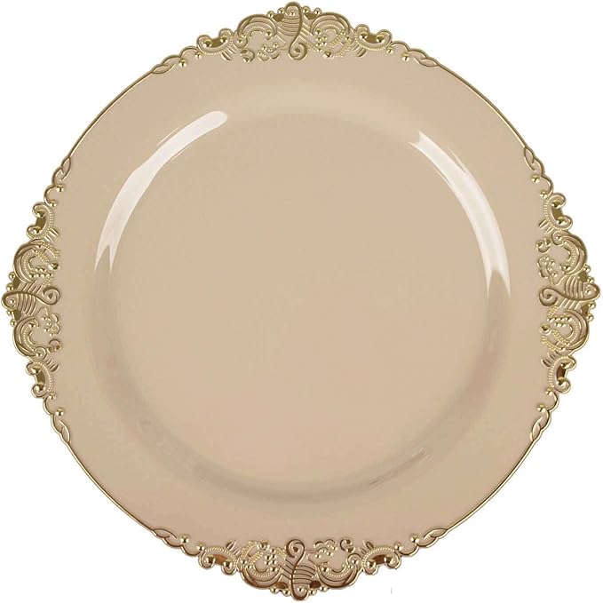 Efavormart 10 Pack | 10" Taupe and Gold Baroque Dinner Plates, Leaf Embossed Metallic Rim Heavy Duty Serving Plates for Neutral Organic Weddings