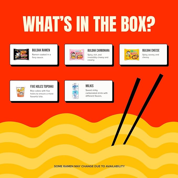 Korean Spicy Ramen Box | 3 Buldak Ramen “Original, Cheese, Carbo +1 Korean Spicy Rice Cake Tteokbokki +1 Korean Sweet Drink + 4 Chopsticks | Korean Food Box Gift - Journey of Korea