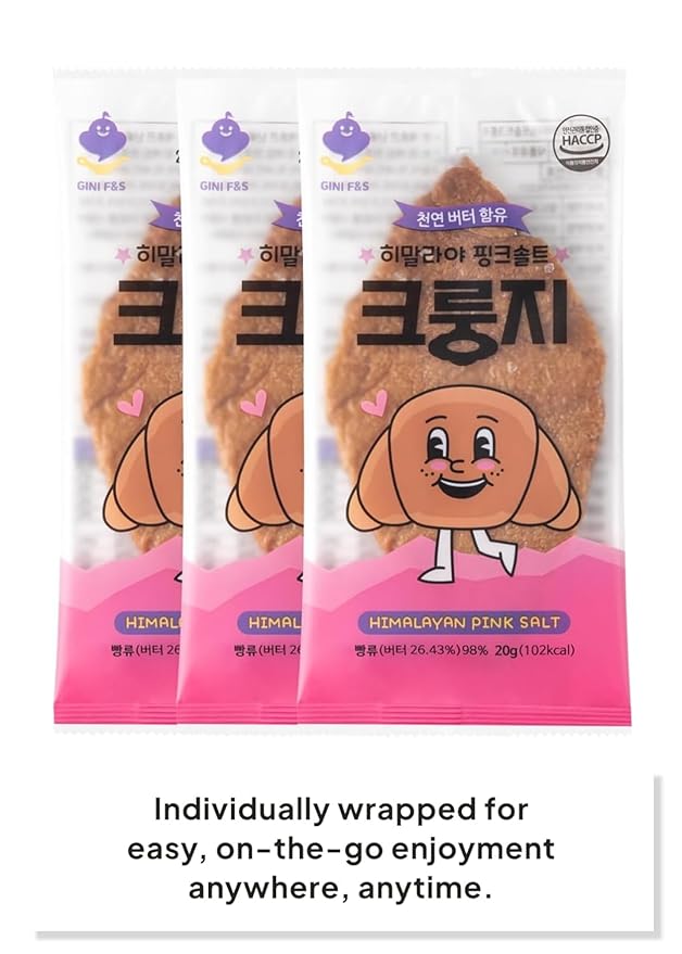 KOREAN FOOD Flat Croissant Himalayan Pink Salt – Pack of 30, Crispy Croissant Snack with 26.43% Natural Butter, Individually Wrapped for Freshness & Convenience,