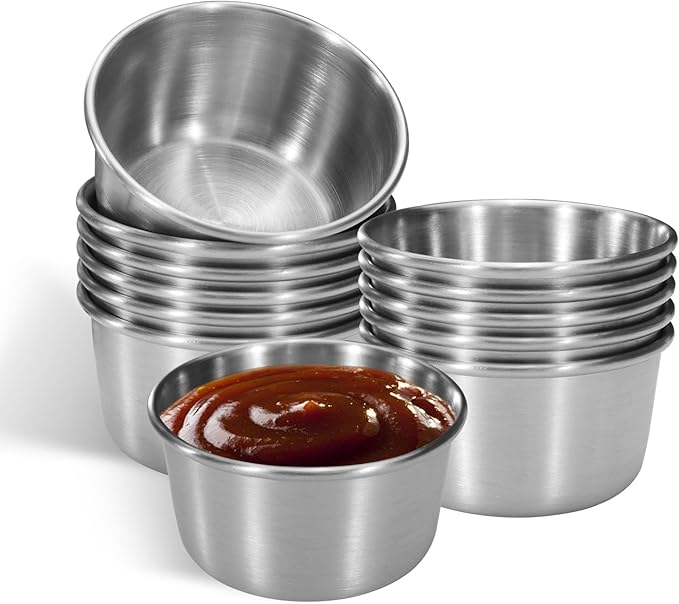 Huakaile 12 Pcs 2 oz Stainless Steel Dipping Sauce Cup, Mini Dip Bowls, Reusable Metal Condiment Cups Ramekins Containers for Ketchup Dressing Home Party Restaurant Kitchen (12PCS Silver)