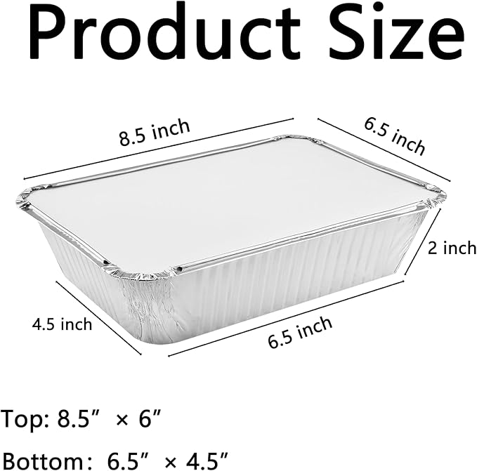 25 Pack Disposable Aluminum Pans with Lids, 2.25LB Capacity Tin Foil Pans, 8.5”x 6" Takeout Pans for Cooking, Baking, Heating, Storing