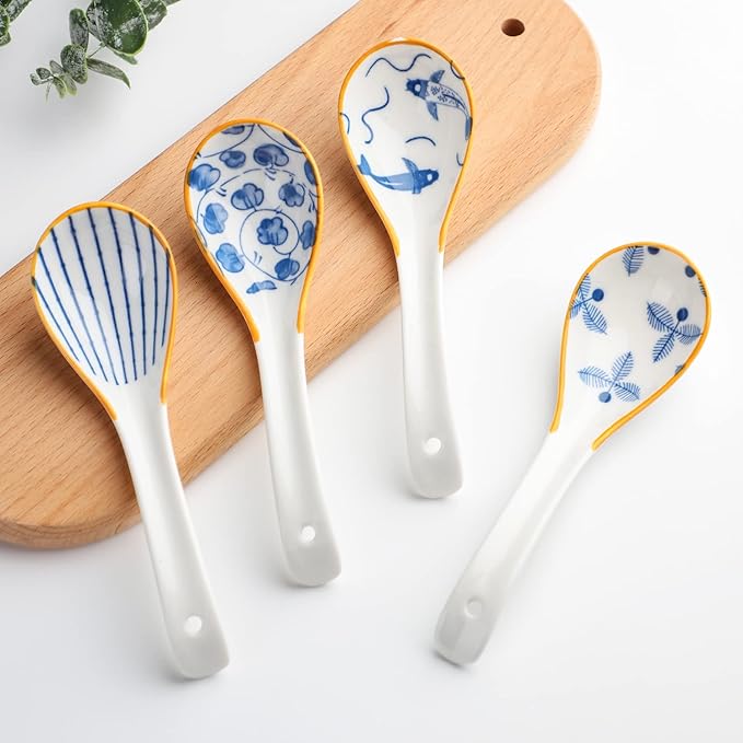 Soup Spoon Set of 4 Ceramic Chinese Soup Spoons Ramen Spoons for Pho Noodle Cereal Dumpling