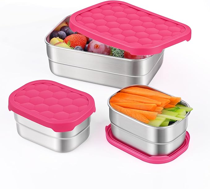 Tanjiae Stainless Steel Lunch Box for Kids | Leak Proof 304 Stainless Steel Snack Containers with Silicone Lids - Perfect Metal Food Containers Set for Kids and Toddlers (25oz+8oz*2)