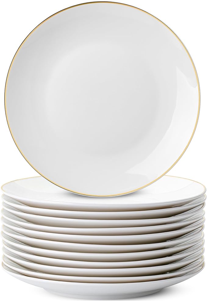 BTaT- White Dessert Plates with Gold Rim, Set of 12, 8", Porcelain, Small Plates for Appetizers