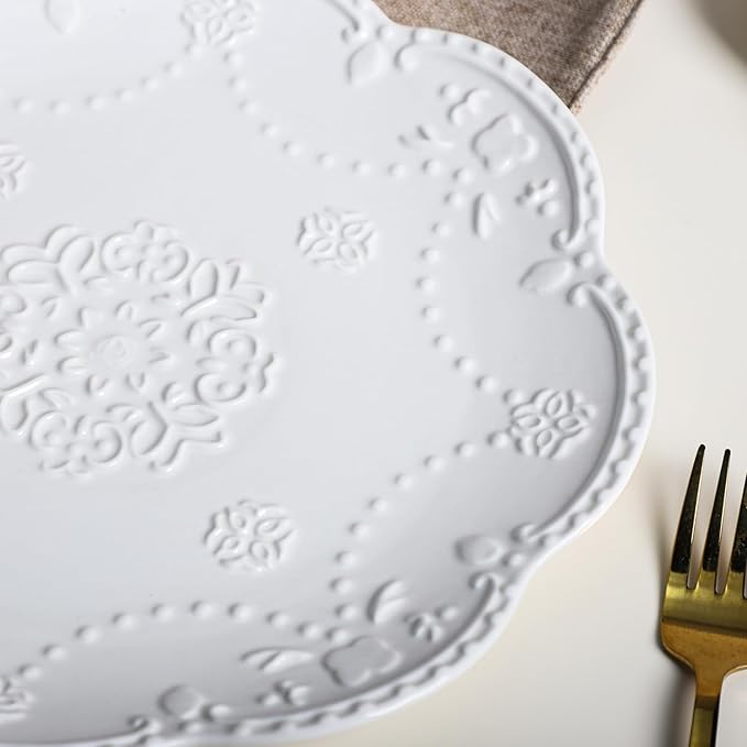 Gaolinci European Palace Series Lace Embossed Ceramic Dinner Plate (Set of 4)
