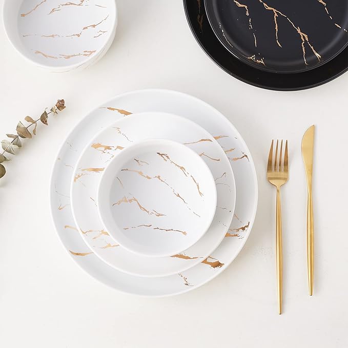 Pokini White Gold Splash Dinnerware Sets, 12 Pieces Fine China Marble Plates and Bowls Sets, Modern Porcelain Dish Set for 4, Luxury Dinner Set for Formal Dinners and Weddings