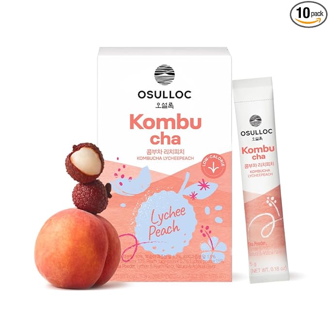 OSULLOC Kombucha Tea LycheePeach (Lychee & Peach Blending), Sparkling Powdered Mix Beverage, No added sugar, 10 Sticks, 1.76oz