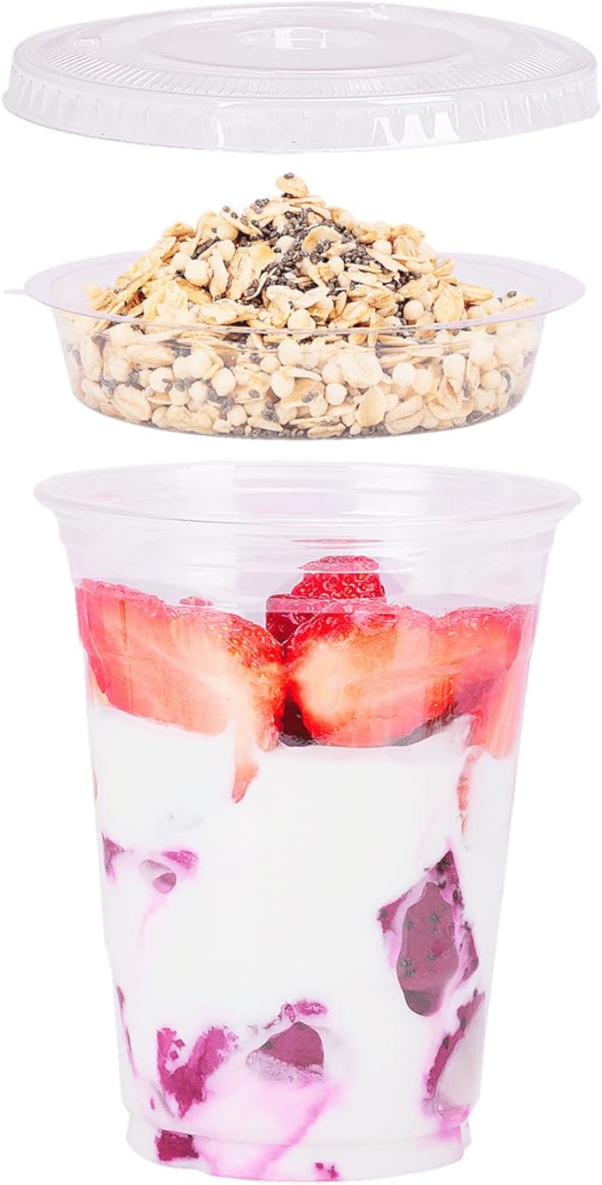 Aatriet 16 oz Clear Plastic Parfait Cups with Insert 4oz & Flat Lids No Hole - (50 Sets) Yogurt Fruit Parfait Cups for Kids, for Dips and Veggies, Take Away Breakfast and Snacks. No Leaking