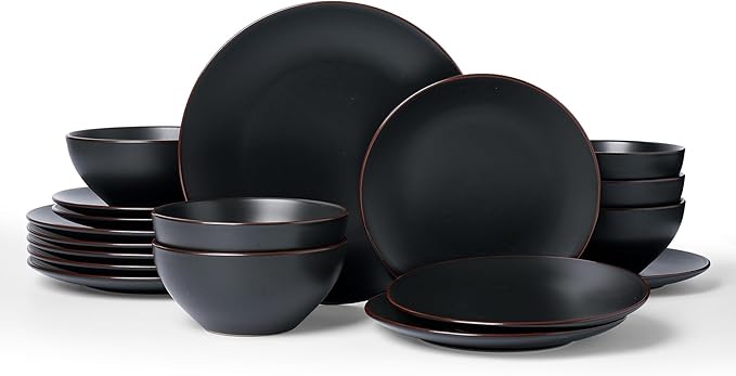 Famiware Venus Plates and Bowls Sets with Trim, 18 Pieces Stoneware Chip‑Resistant Dinnerware Set for 6, Matte Black - Modern Minimalist Dishes, Microwave/Dishwasher Safe for Everyday & Formal Dining