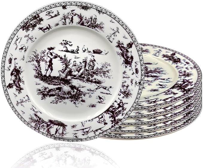 W&S CLASSICS Classic French Luxury Round Dinner Plates | 10.5 Inches Colorful Ceramic Flat Plates – Set of 6| Large Serving Plates for Party | Dishes for Appetizer, Salad, Desert, Steak (Black)