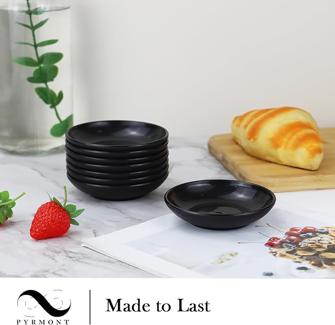 PYRMONT Unbreakable Soy Sauce Bowls Wheat Straw Dipping Bowls 2 Oz Small Dipping Sauce Bowls Set of 8 Dishwasher & Microwave Safe Condiment Bowls for Side Dishes,Salsa,Ketchup Mini Bowls-Black