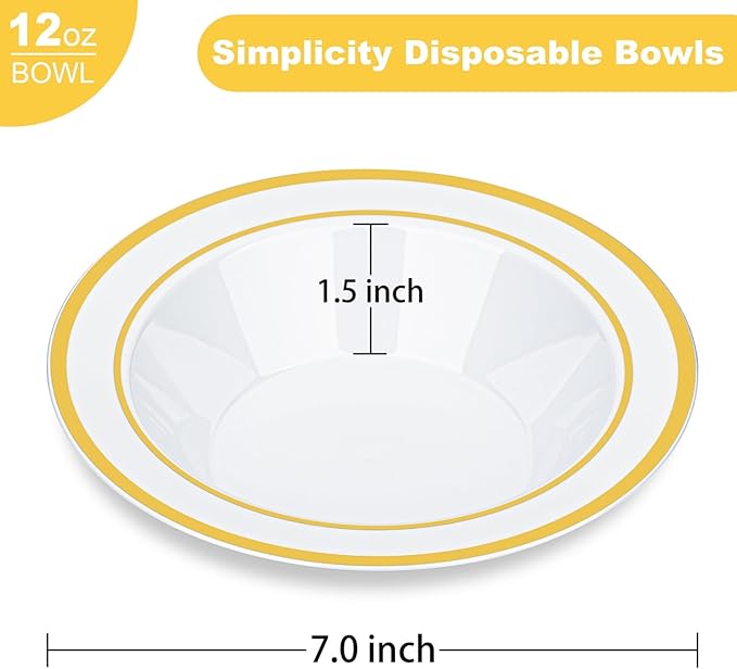 BESTVIP 200 Pack Plastic Bowls with Gold Rim, 12 Oz Disposable Bowls Disposable Bowls for Parties, Wedding, Christmas, Soak Proof Bowls for Breakfast, Lunch, and Dinner Meals