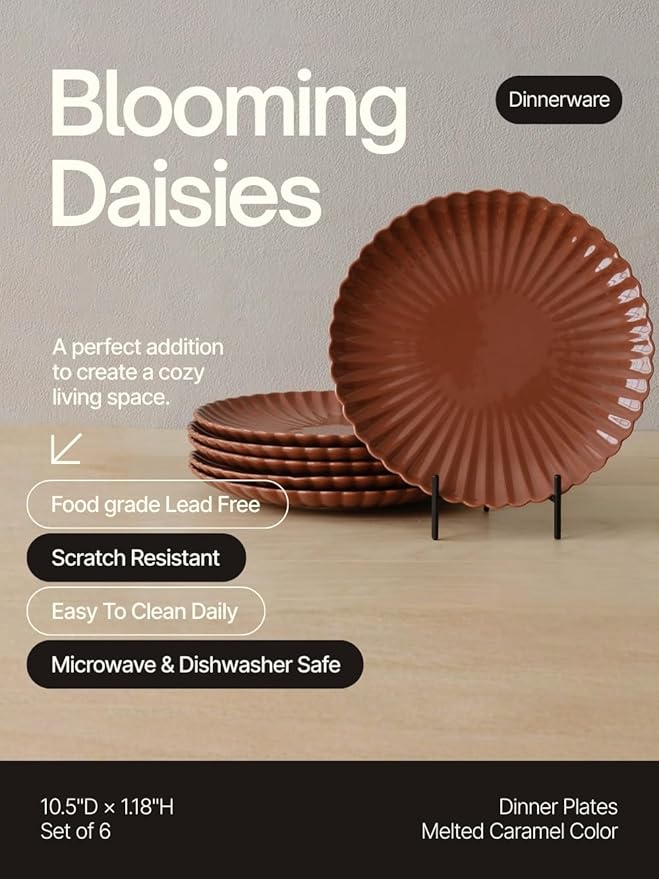 WENSHUO Daisy Dinner Plates Set of 6, 10.5-inch Round, Melted Caramel Color,Modern Ceramic Dinner Plate Set,Microwave/Dishwasher Safe, Scratch Resistant