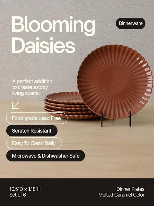 WENSHUO Daisy Dinner Plates Set of 6, 10.5-inch Round, Melted Caramel Color,Modern Ceramic Dinner Plate Set,Microwave/Dishwasher Safe, Scratch Resistant