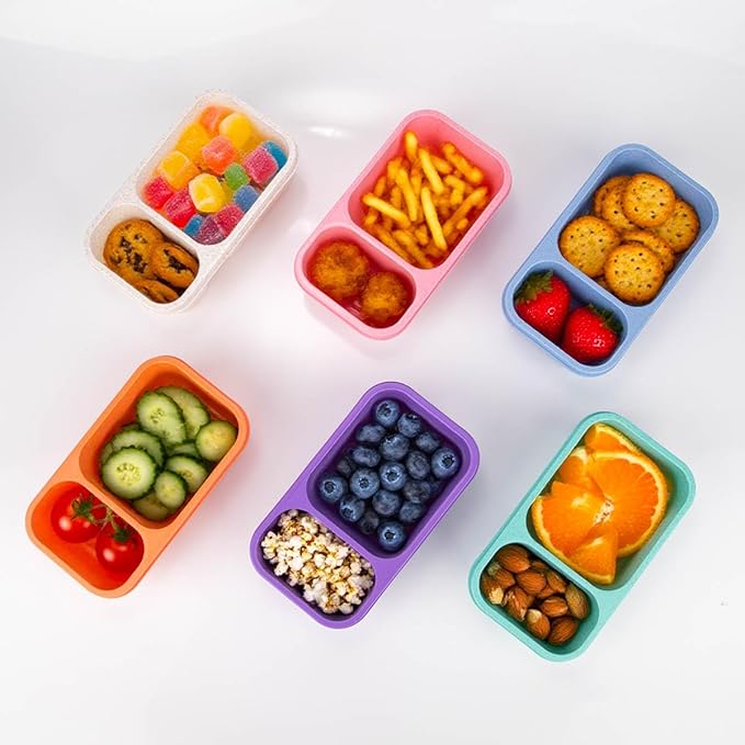 DOSEWART 2-Compartment Reusable Snack Containers with Lids Wheat Straw Reusable Snack Packs for Meal Prep Food Storage on-the-go Snacking(6Pack)