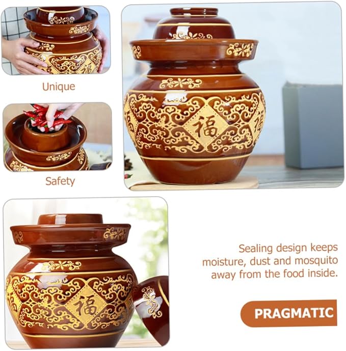 ULTECHNOVO Earthenware Pickle Jar 4lb Thickened Ceramic Chinese Kimchi Crock with Sealed Lid for Vegetable Fermenting and Sauerkraut Storage, Traditional Pottery Jar for Home Use