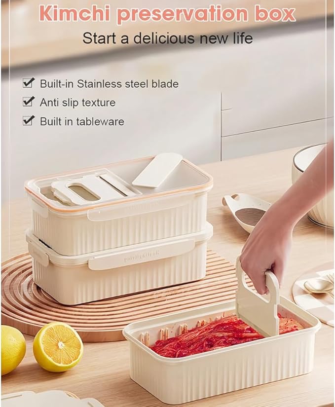 Kimchi Cutter 3 in 1 Food Meat Cutting Storage Container Kit,Kimchi-cutter Sealed Container, Kimchi-Tong Side Dish-Tong Vegetable Tong,Large Capacity Food Dispenser