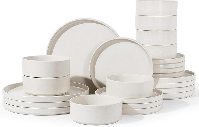 Famiware Nebula Plates and Bowls Sets, 24 Pieces Stoneware Dinnerware Sets, Reactive Glaze Dish Set, Dishes Set for 8, Matte Beige White