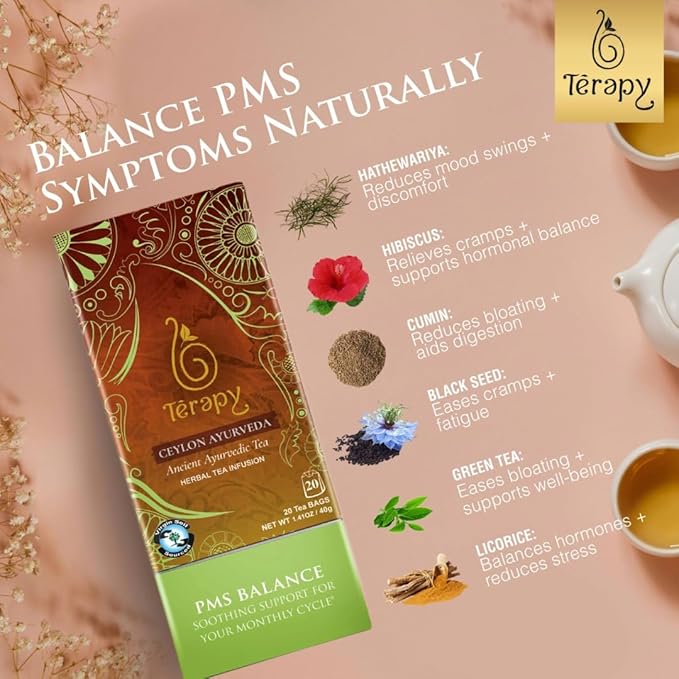 TERAPY Ceylon PMS Balance Tea for Women - Period Tea for PMS Relief, Menstrual Cycle and PCOS, Herbal Blend with Shatavari, Red Hibiscus, Cumin & More - No Artificial Additives - 20 Teabags, 1 Pack