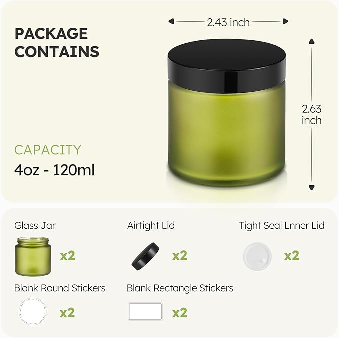 4 oz Small Glass Jars with Lids, Tecohouse Green Glass Jars with Black Lids & Inner Liners, Mini Travel Sample Containers for Slime, Makeup, Cream, Lotion, Cosmetic - 2 Pack