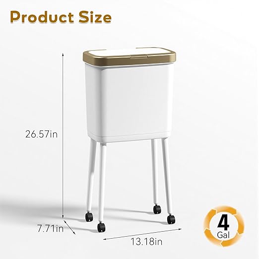 Procade Gold Bathroom Trash Can with Lid,15L Large Capacity Narrow Waste Basket with Pop-Up Lid,Covered White Office Trashcans for Near Desk,Plastic Garbage Bin for Kitchen,Bedroom,Dorm