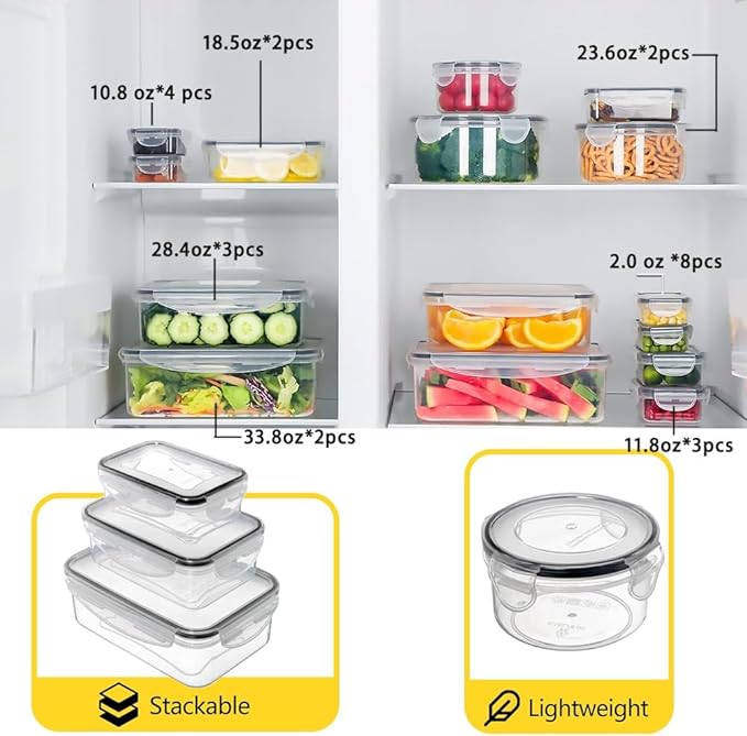 48 Pack Meal Prep Containers Set With Airtight Lids,BPA Free Food Storage Containers For Leftovers Leakproof Stackable Freezer/Microwave/Dishwasher Safe (24, Rectangular+Square)