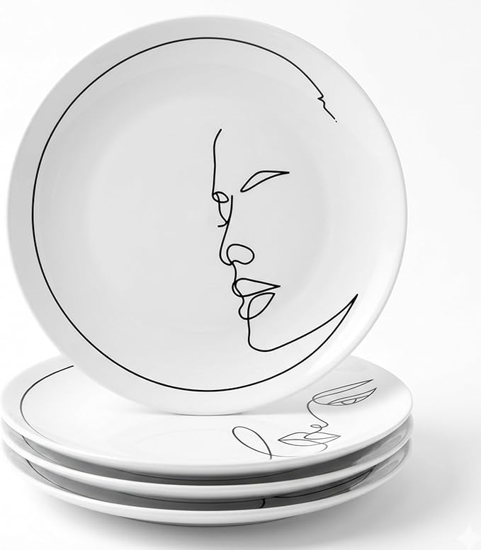 Line Muse Dinner Plates Set for 4 – 9.5-Inch Bone China Dinnerware Set, Modern One-Line Portrait Artwork – Perfect Serving Plate for Dessert, Appetizer, Salads