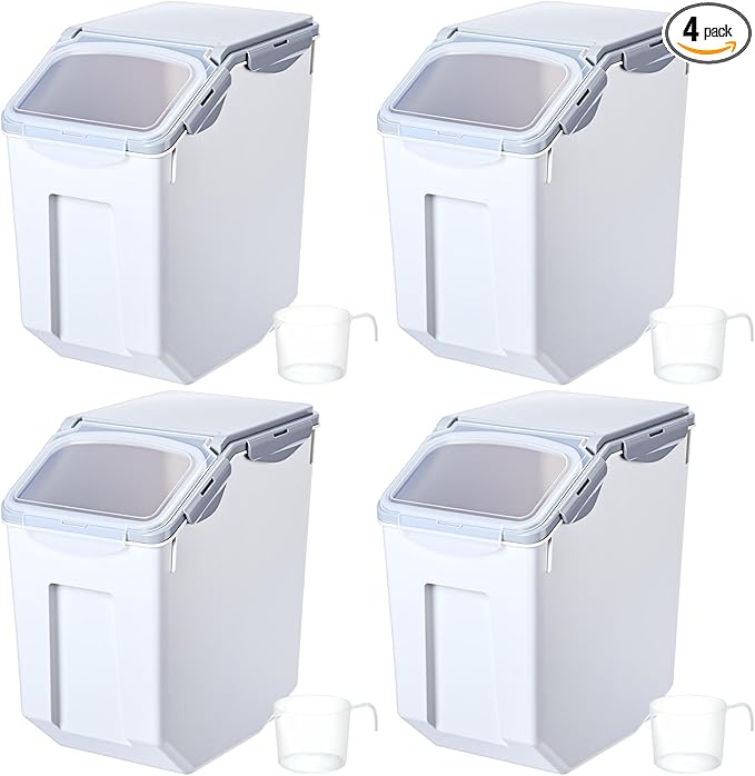 Umigy 4 Pack Rice Storage Container With Wheels Plastic Airtight Lid Flour Container Bin for Dog Pet Cereal Grain Dry Food, 15 Liter / 30 lbs (Gray)