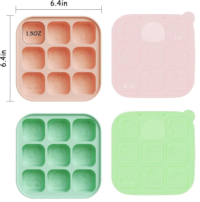 Silicone Freezer Tray with Lid, Food Storage Container for Homemade Baby Food, Vegetable, Fruit Purees, Breast Milk Feeder & Mini Nibble Combo, Breastmilk Popsicle Molds, 2 Pack(L)