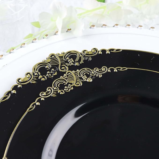 Efavormart 10 Pack | 10" Black and Gold Baroque Dinner Plates, Leaf Embossed Metallic Rim Heavy Duty Serving Plates for Evening Galas and Formal Hosting