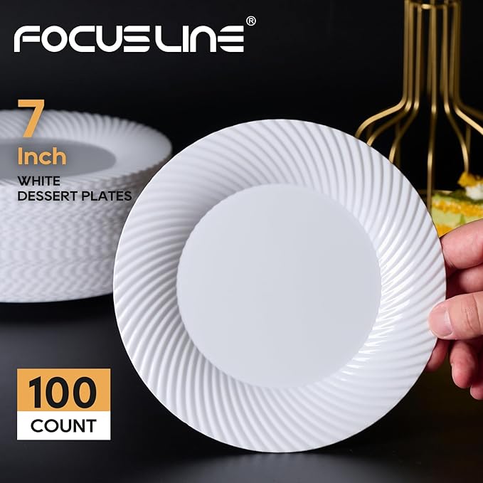 FOCUSLINE 7 Inch White Plastic Plates, 100 Count Disposable Heavy Duty Salad Dessert Plates, Premium Hard Plastic for Weddings, Parties and Events