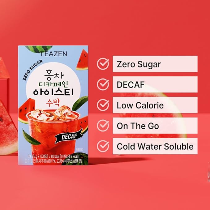 Teazen Summer Watermelon Iced Tea, Sugar Free, Uva Black Tea, Hydration Drink Mix, Decaf, 10 Sticks, 1.76oz