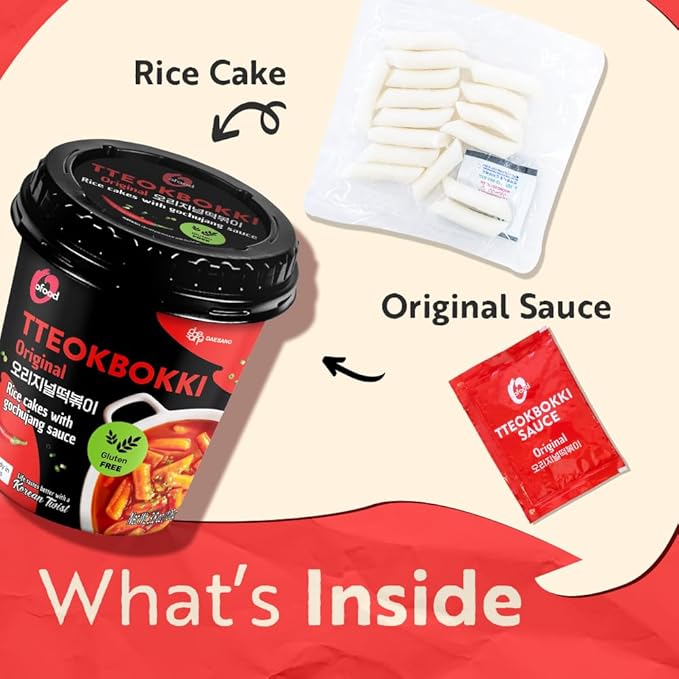 Spicy Cup Tteokbokki Instant Rice Cakes Korean – [Original (Gochujang) | Pack of 6] – Ready in 3 Minutes | Gluten-Free, Chewy, Quick & Easy Meal | Street Food Snack | 0 Cholesterol/ 0 Trans Fat - O’food